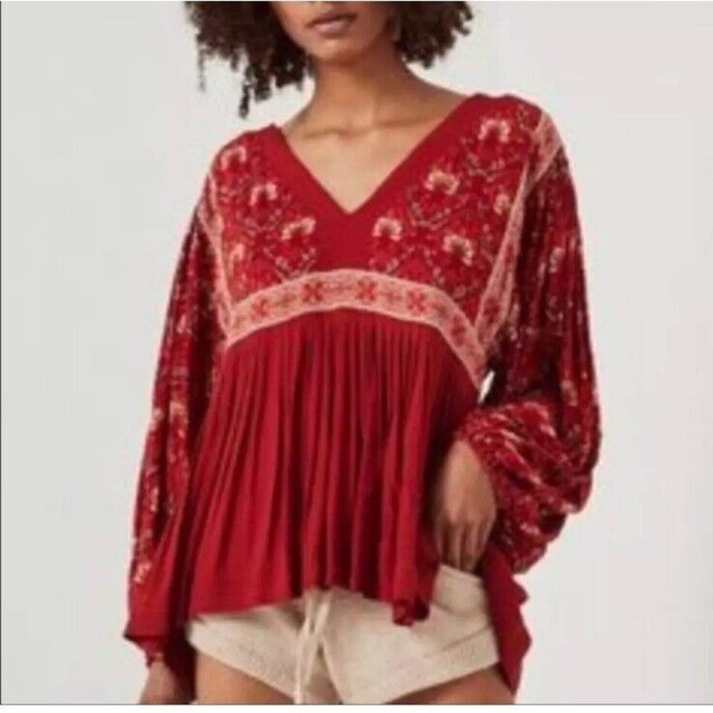 Spell Red Embroidered Velvet Boho V‑Neck Blouse